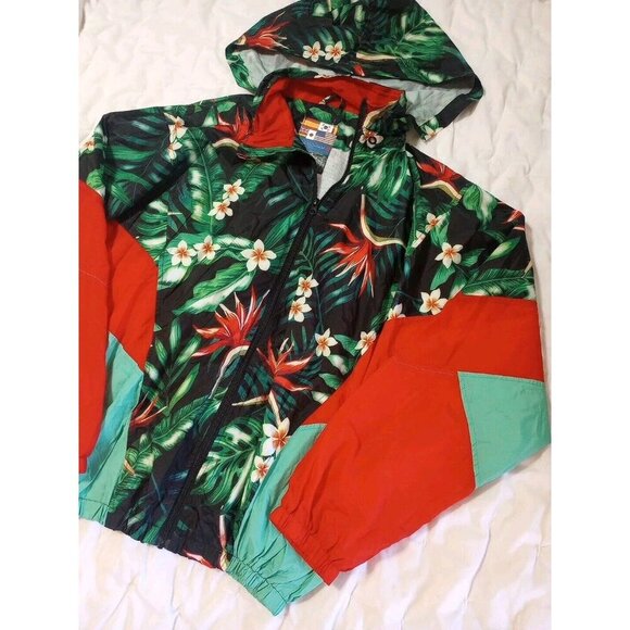Smoke Rise Windbreaker Sz L Hawaiian Color Blocked Floral Zip Hooded Pockets - Picture 2 of 7